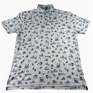 Johnnie-O Featherweight Golf Polo Mens Blue Large Tiki Bar Tropical Leaf UPF 50